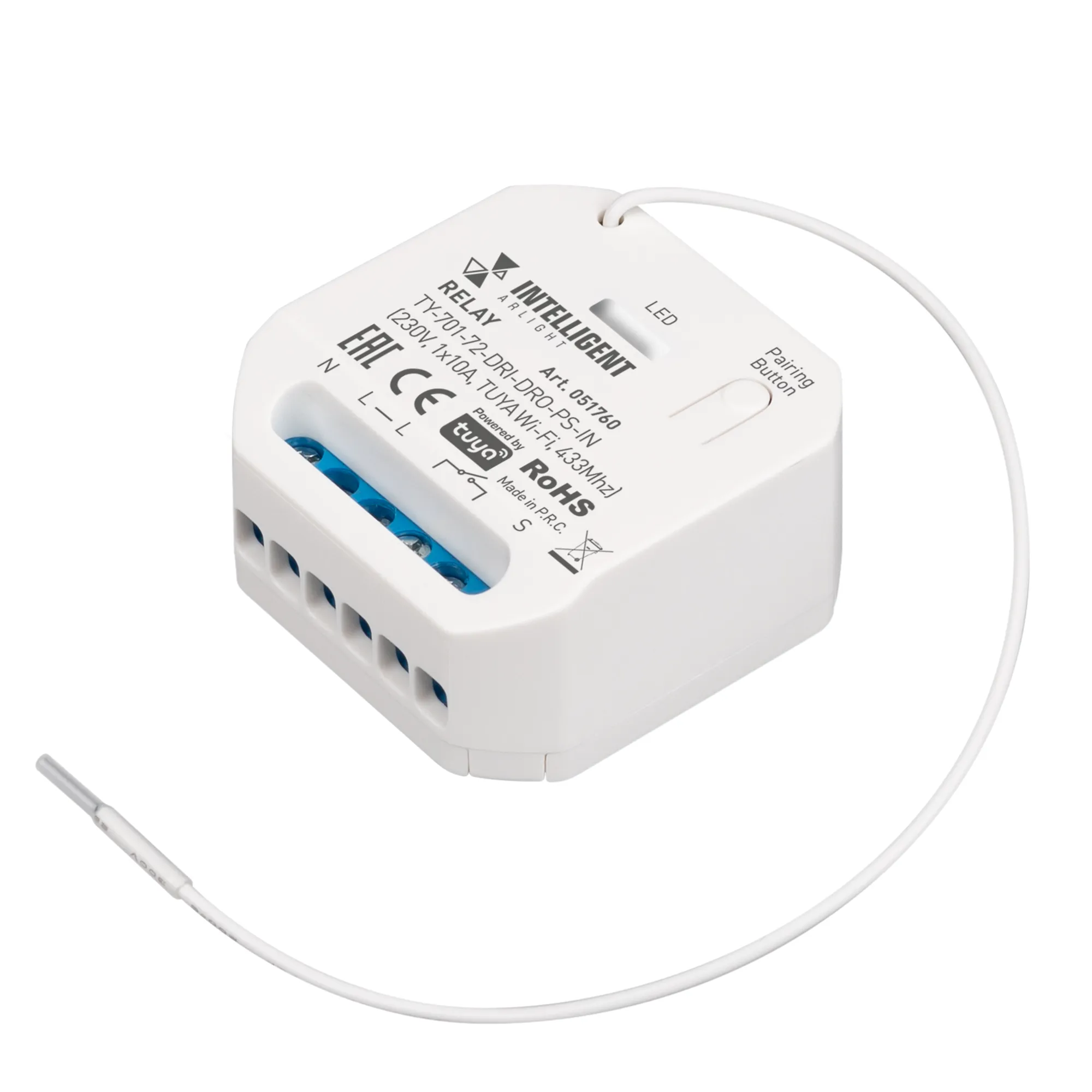 INTELLIGENT ARLIGHT Релейный модуль TY-701-72-DRI-DRO-PS-IN (230V, 1x10A, TUYA Wi-Fi, 433Mhz) (IARL, IP20 Пластик, 3 года) - изображение товара